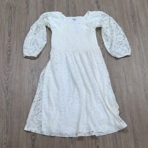 Baltic Born White Square Neck Bishop Sleeve Dress